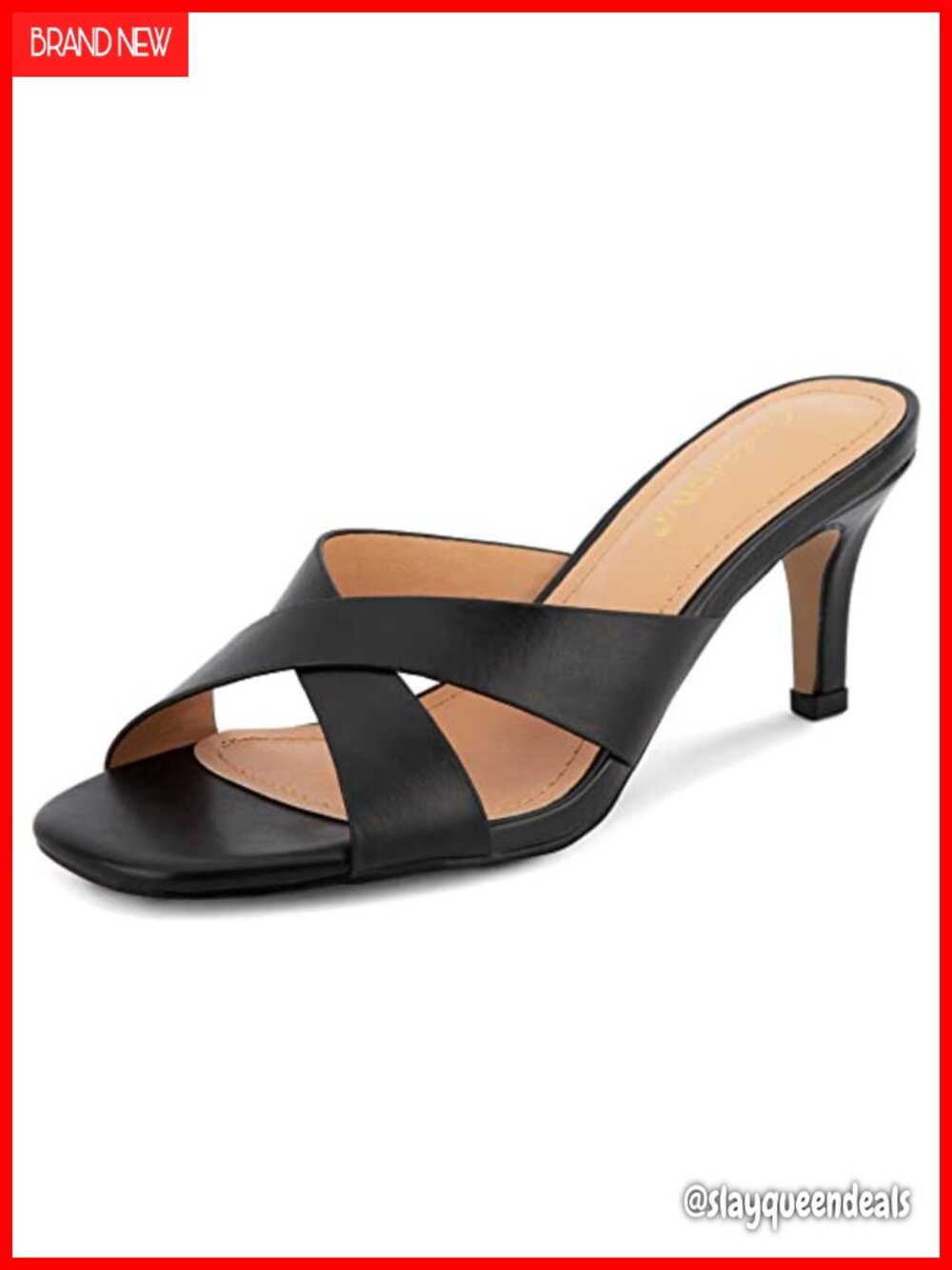 Kitten Heel Sandals for Women Square Open Toe Cross Strap Slip On 2.5 Inch Heels